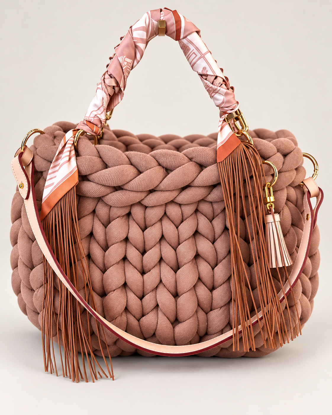 Exklusive Grobstricktasche aus Premium Cotton in Cognac – mit Echtledergriffen & edlen Accessoires