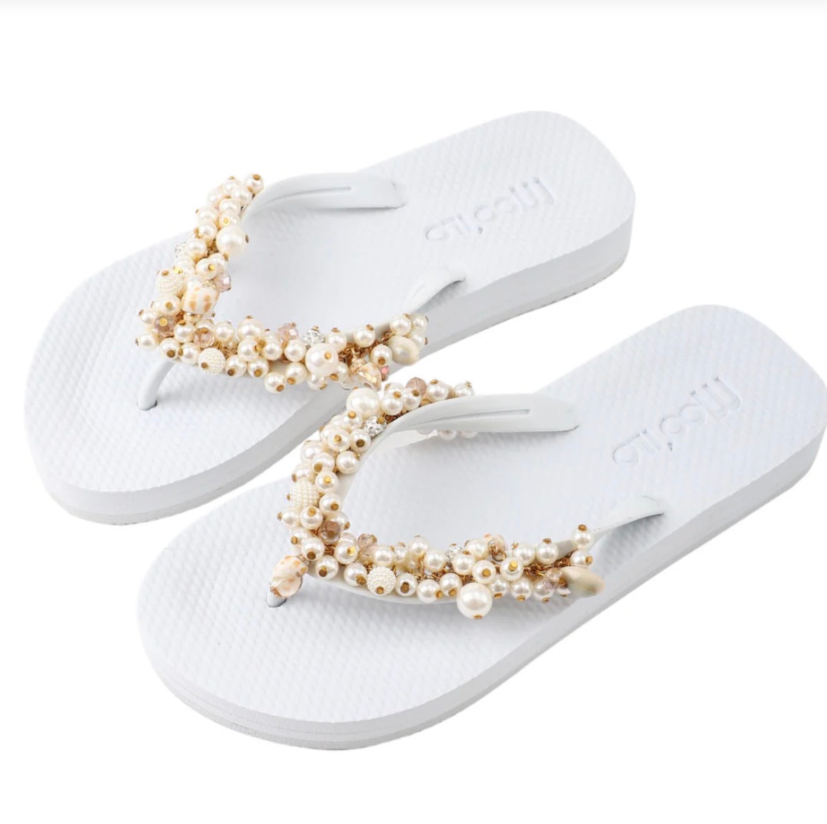 MOOILO Flip-Flops Weiß mit Muscheln & Fußbett – Bequeme Damen Sandalen