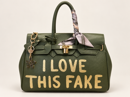 Exklusive handbemalte Echtleder-Tasche mit Statement-Print, goldenen Details & Schultergurt