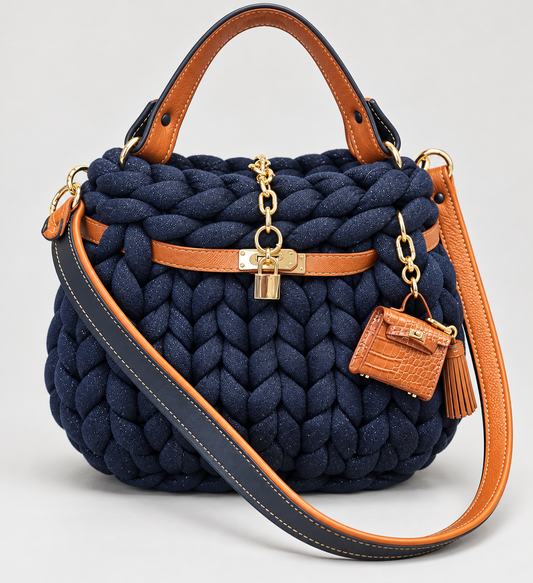 Exklusive handgefertigte Grobstricktasche mit Echtledergriffen, Lederschultergurt & edlen Accessoires