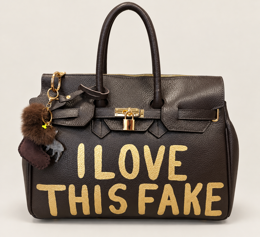Exklusive handbemalte Echtleder-Tasche mit Statement-Print, goldenen Details & Schultergurt