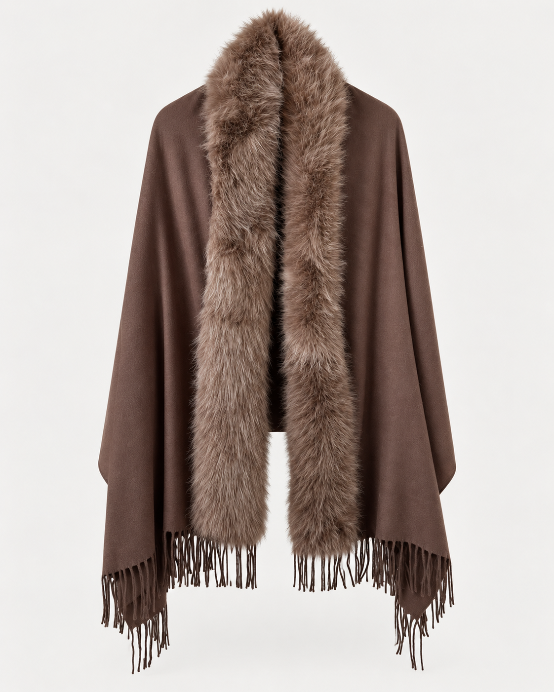 Exklusiver Poncho in edlem Braun mit kuschelweichem Fake-Fur-Kragen & Fransendetails