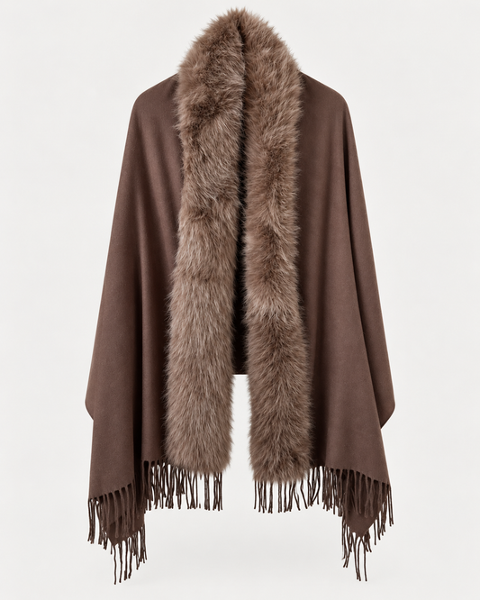 Exklusiver Poncho in edlem Braun mit kuschelweichem Fake-Fur-Kragen & Fransendetails