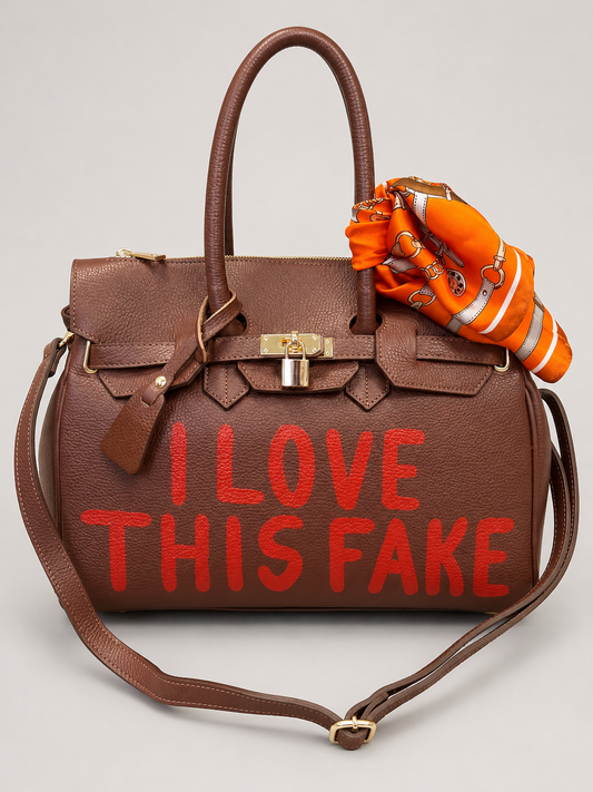 Exklusive handbemalte Echtleder-Tasche mit Statement-Print, goldenen Details & Schultergurt