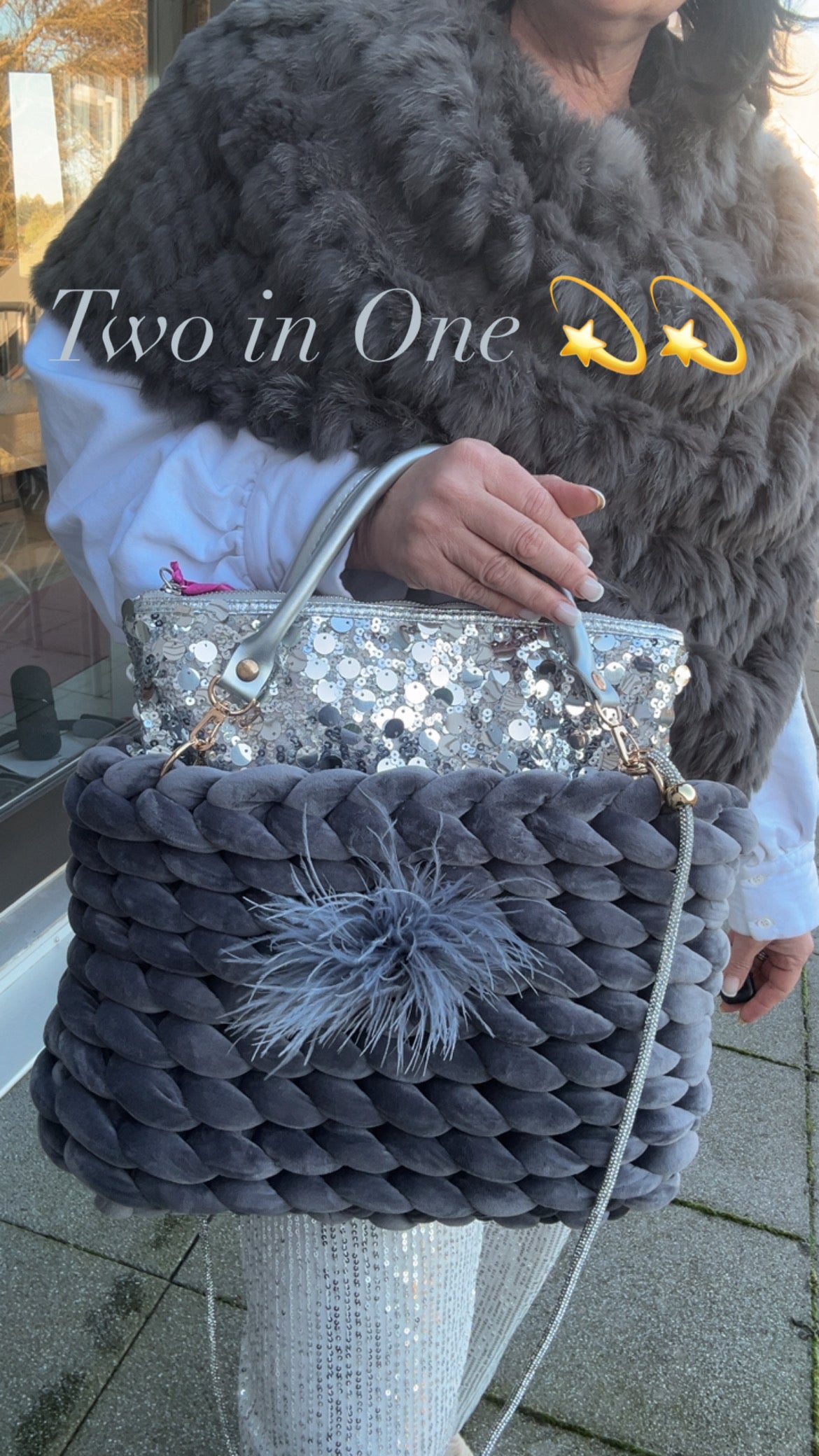 •	Eleganter Samt-Shopper in Anthrazit mit Silberglanz-Clutch | BrasiBrasi