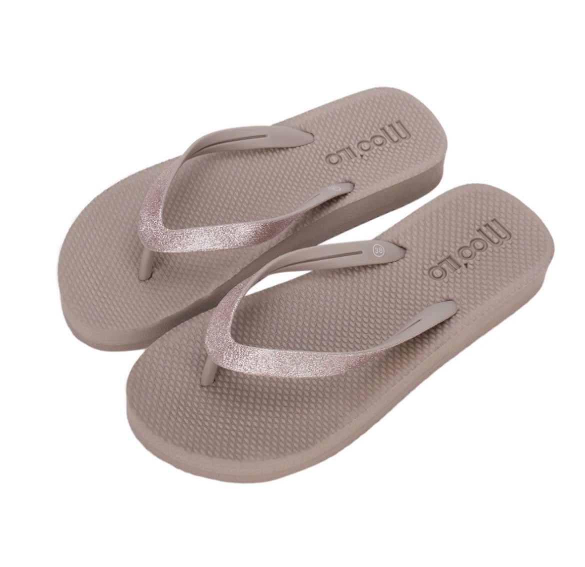 MOOILO Flip-Flops Taupe mit Glitzer & Fußbett – Bequeme Damen Sandalen