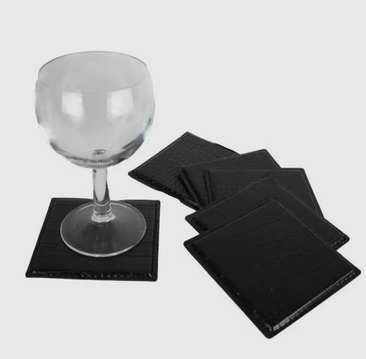 Elegantes 6er-Set Glasuntersetzer – Schwarzes Kroko-Kunstleder