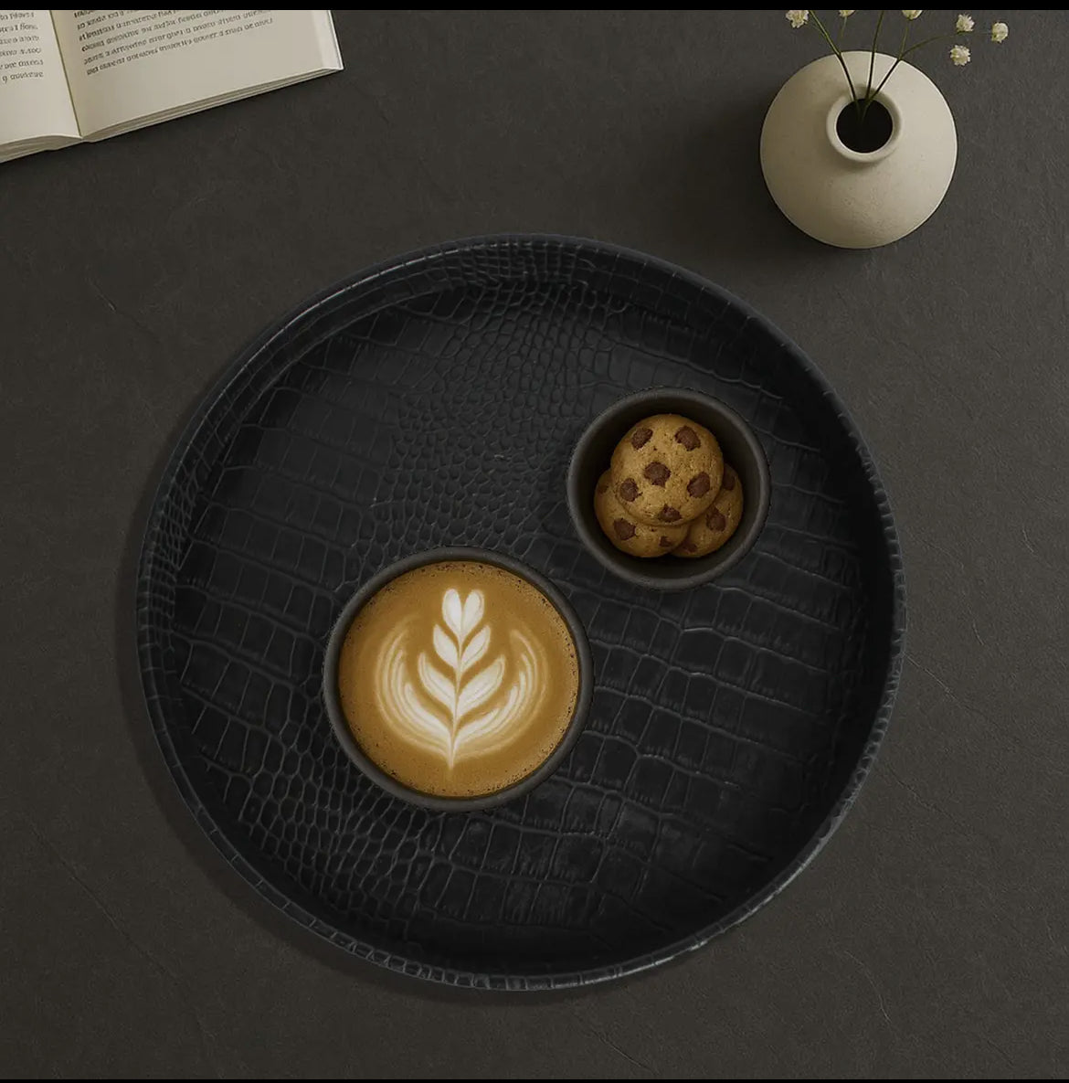 Elegantes rundes Tablett – Kunstleder Kroko-Optik
