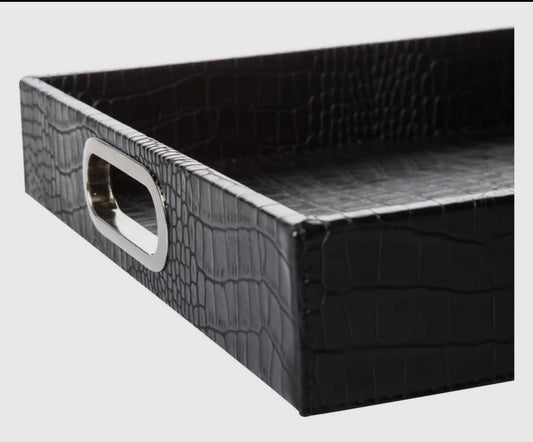 Tablett Schwarz – Rechteckig mit Griffen aus Kunstleder in Krokoprägung