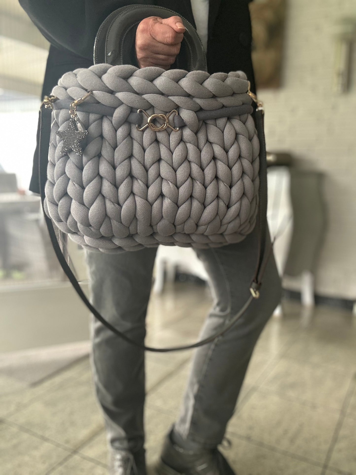 Pillowbag Grace – Premium Cotton Tasche in Steel | Designer Handtasche 35x28 cm | Elegante Damen Bag